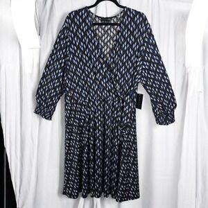 RYAN WYTHE Wrap Midi Dress 3X Blue Black Geometric Print Long Sleeve Plus Size